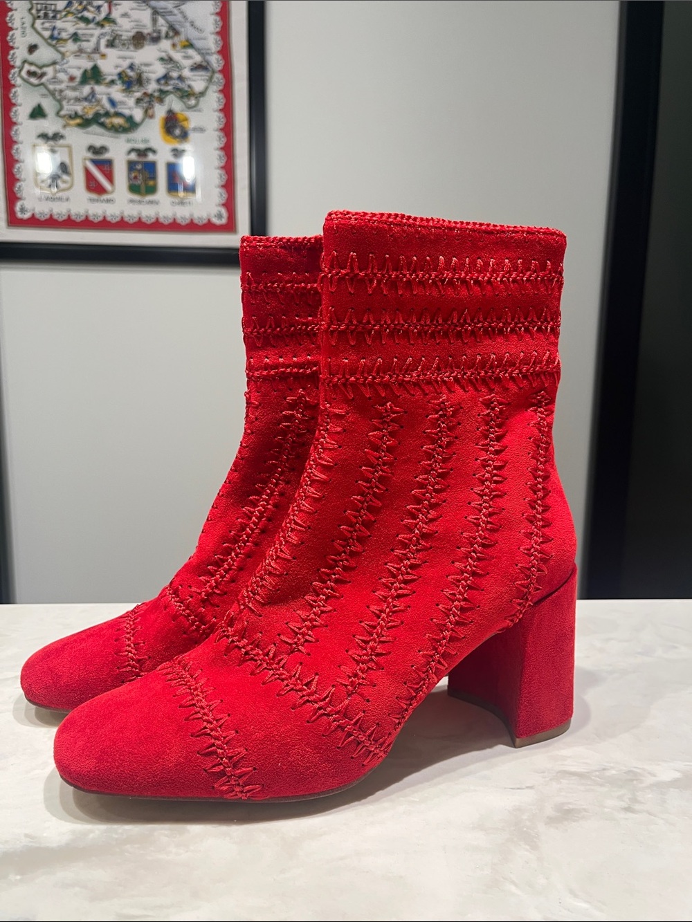 Jeffrey Campbell Red Suede Stitched Block Heel Ankle Boots